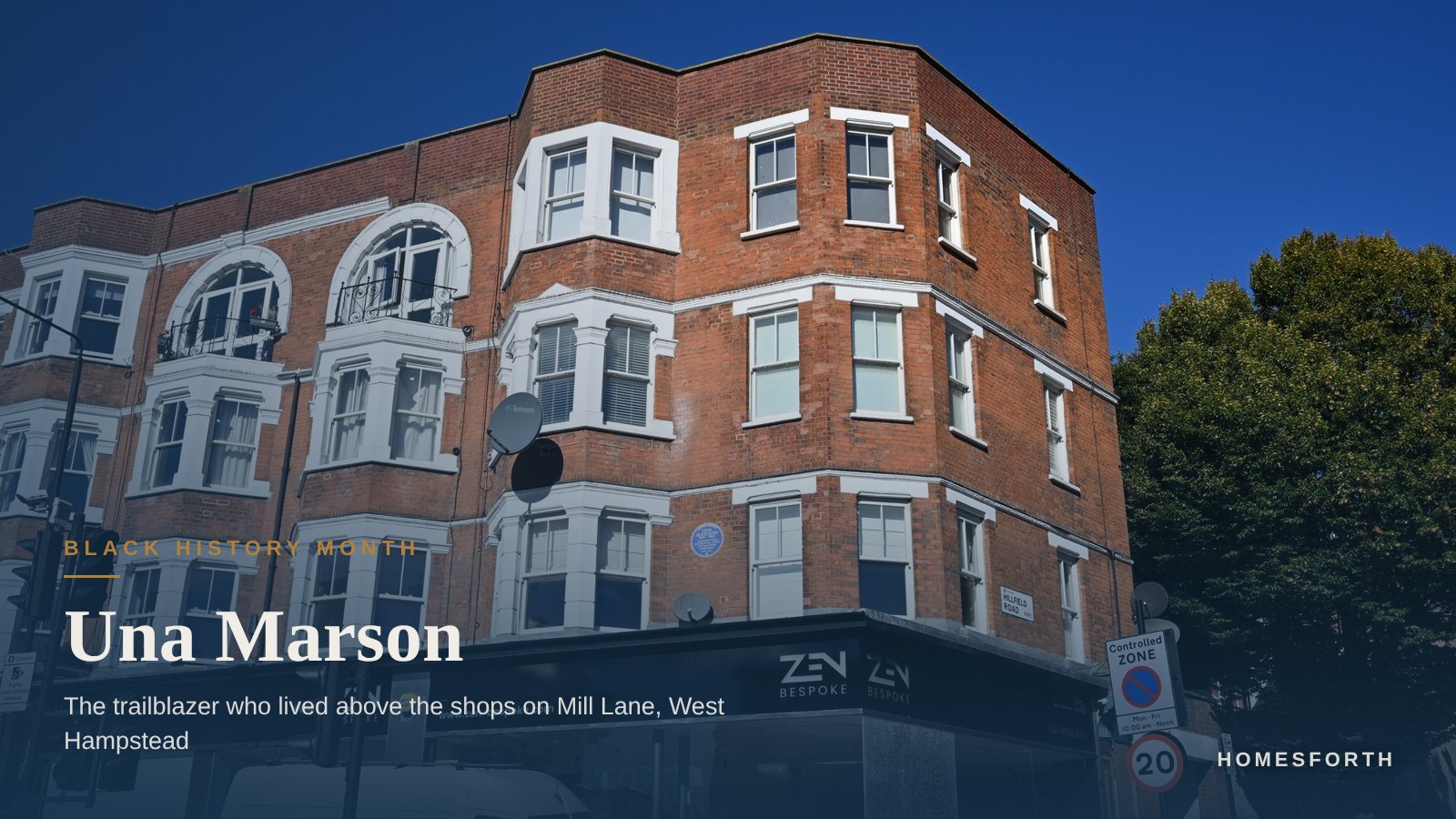 The Mansions on Mill Lane, West Hampstead, with the blue English Heritage plaque to Una Marson on the corner